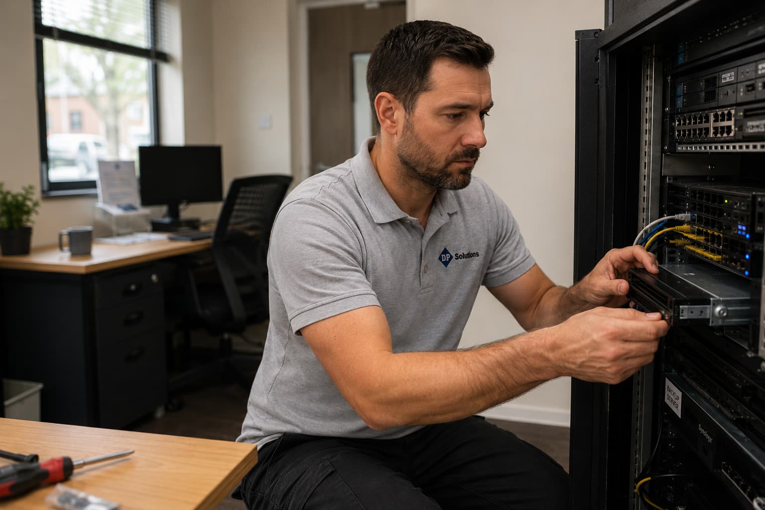 IT engineer working on-site at a small business, hands on hardware in a server cupboard