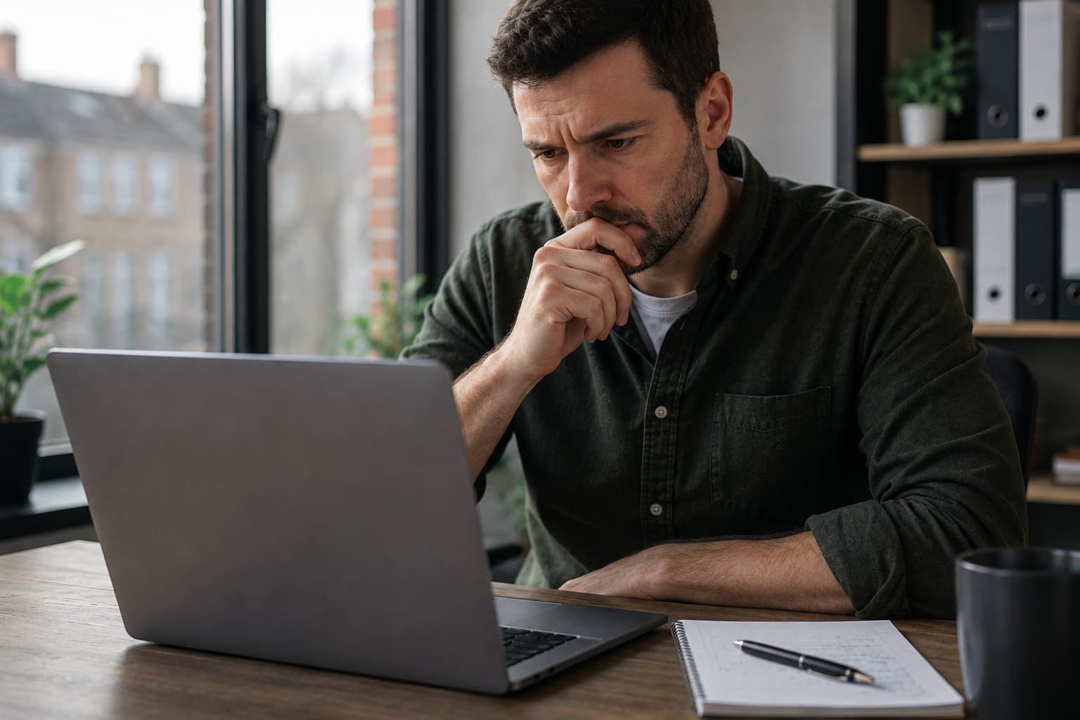 Person looking cautiously at a laptop screen after spotting a suspicious login prompt